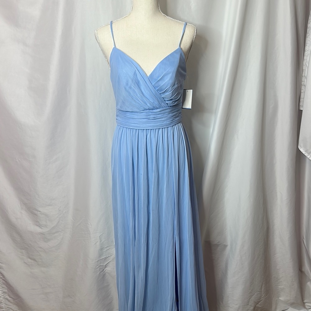 David's Bridal Ice Blue Ruched Wrap Maxi Dress